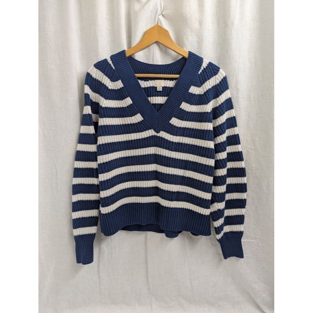 a new day women's medium blue white striped v neck sweater knit, warm winter A3 - Picture 6 of 7